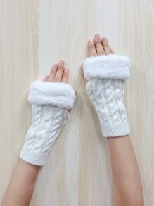 1pc Fuzzy Trim Cable Knit Open Finger Gloves Fingerless Gloves