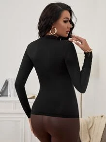 SHEIN X Lucía Bellido SHEIN SXY Spring And Summer Asymmetric Collar Black Hollow Tight Sexy Long-Sleeved T-Shirt - Black - View 2