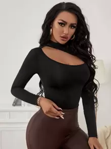 SHEIN X Lucía Bellido SHEIN SXY Spring And Summer Asymmetric Collar Black Hollow Tight Sexy Long-Sleeved T-Shirt - Black - View 4