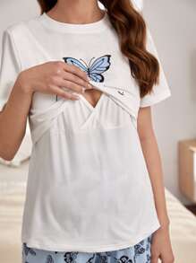 SHEIN Maternity Butterfly & Letter Graphic Tee & Adjustable Waist Trousers Lounge Set - Multicolor - View 6