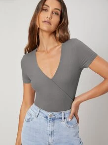 MOTF PREMIUM 粘膠纖維羅紋圍裹T恤 - 灰色 - 查看 1