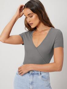 MOTF PREMIUM 粘膠纖維羅紋圍裹T恤 - 灰色 - 查看 3