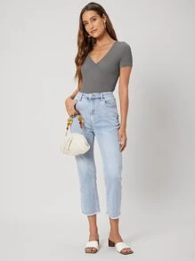 MOTF PREMIUM 粘膠纖維羅紋圍裹T恤 - 灰色 - 查看 8