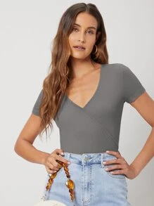 MOTF PREMIUM 粘膠纖維羅紋圍裹T恤 - 灰色 - 查看 10