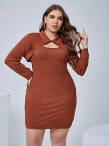 Bộ thời trang Plus Size Nút màu trơn Thanh lịch - màu nâu - Xem 3