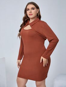 Bộ thời trang Plus Size Nút màu trơn Thanh lịch - màu nâu - Xem 4