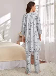 SHEIN Maternity Polka Dot Contrast Lace Nursing Top & Floral Print Trousers With Robe Lounge Set - Multicolor - View 4