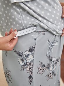 SHEIN Maternity Polka Dot Contrast Lace Nursing Top & Floral Print Trousers With Robe Lounge Set - Multicolor - View 6