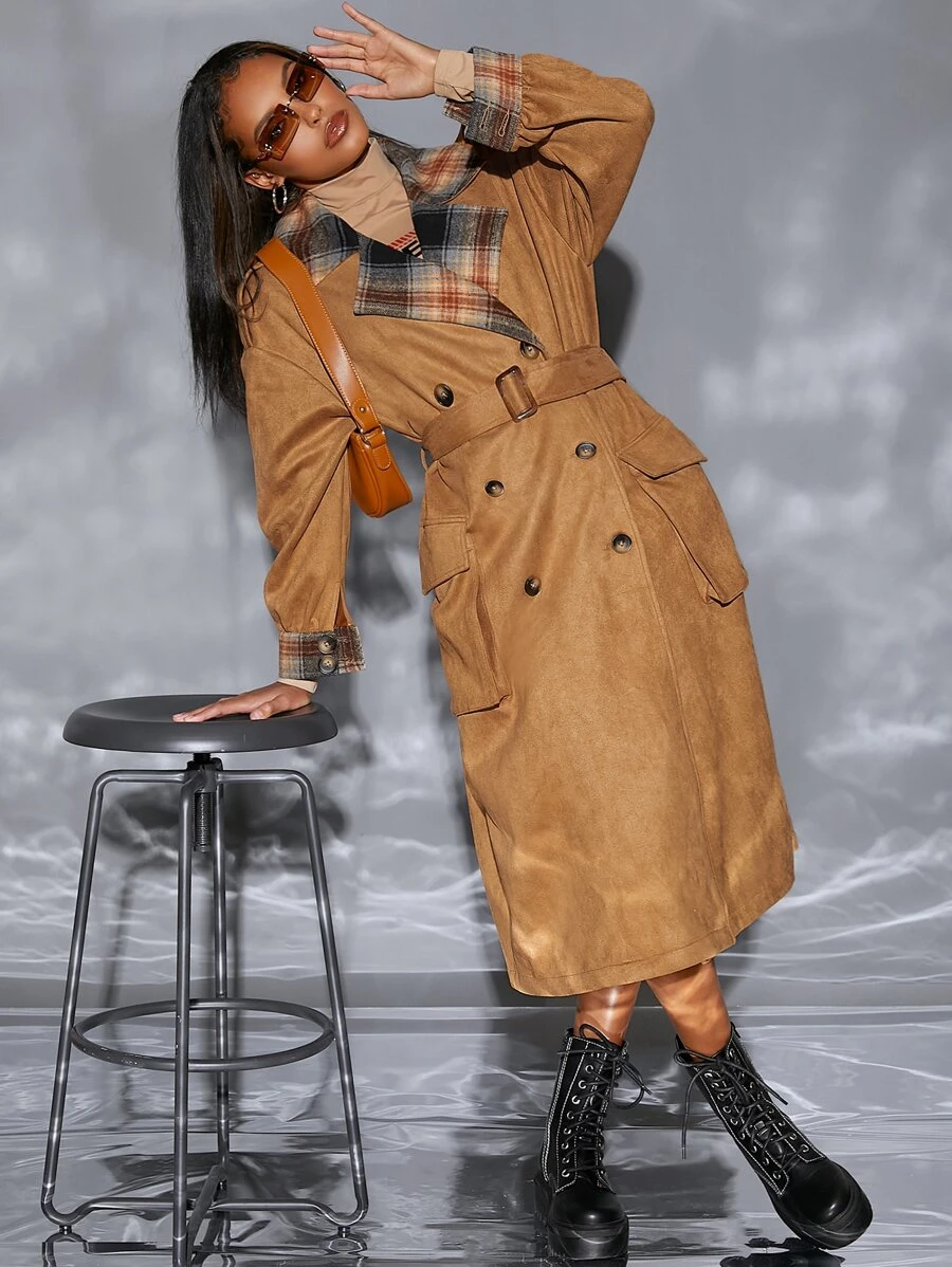 SHEIN Double Breasted Belted Suedette Trench Coat - Brown - View 1
