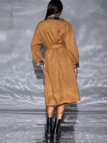 SHEIN Double Breasted Belted Suedette Trench Coat - Brown - View 2