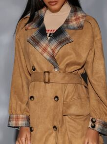SHEIN Double Breasted Belted Suedette Trench Coat - Brown - View 4