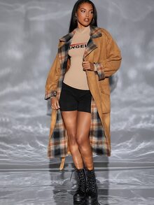 SHEIN Double Breasted Belted Suedette Trench Coat - Brown - View 5