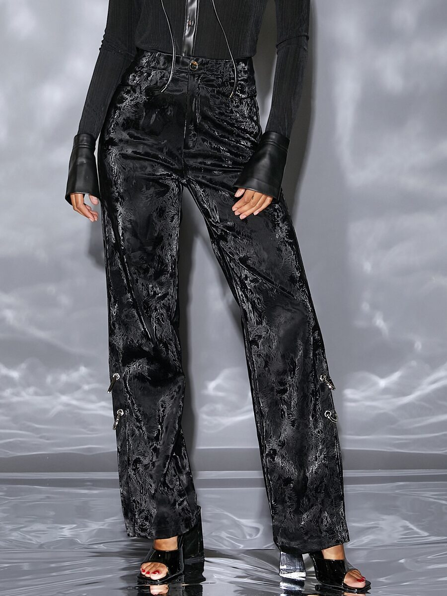 SHEIN Privé High Waist Slit Hem PU Leather Trousers - Black - View 1