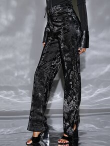 SHEIN Privé High Waist Slit Hem PU Leather Trousers - Black - View 3