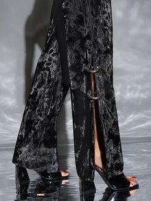 SHEIN Privé High Waist Slit Hem PU Leather Trousers - Black - View 4