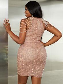 seomiscky Plus Beaded Cold Shoulder Sequins Bodycon Dress - Baby Pink - View 3