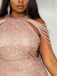 seomiscky Plus Beaded Cold Shoulder Sequins Bodycon Dress - Baby Pink - View 7