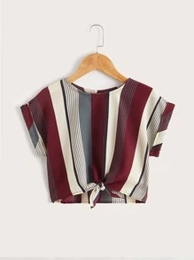 SHEIN Toddler Girls Striped Colorblock Knot Hem Top - Multicolor - View 1