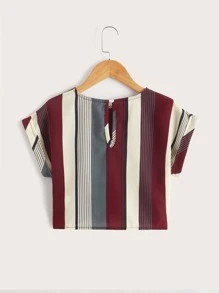 SHEIN Toddler Girls Striped Colorblock Knot Hem Top - Multicolor - View 2