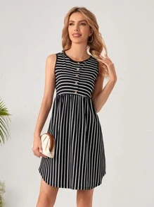 EMERY ROSE 前紐扣弧形下擺條紋圖案洋裝 - 黑與白 - 查看 1