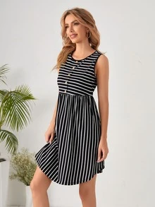 EMERY ROSE 前紐扣弧形下擺條紋圖案洋裝 - 黑與白 - 查看 4