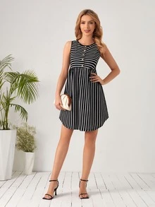 EMERY ROSE 前紐扣弧形下擺條紋圖案洋裝 - 黑與白 - 查看 5