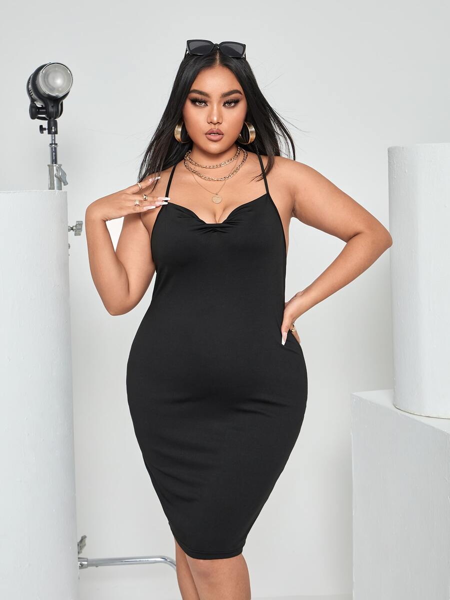 Đầm Plus Size Lộ Lưng Hội Chữ thập Vắt màu trơn Gợi cảm - màu đen - Xem 1