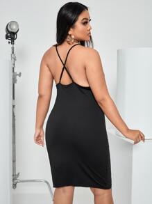 Đầm Plus Size Lộ Lưng Hội Chữ thập Vắt màu trơn Gợi cảm - màu đen - Xem 2
