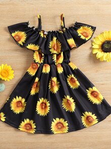 小女童向日葵圖案挖肩荷葉邊洋裝 - 黑色 - 查看 1