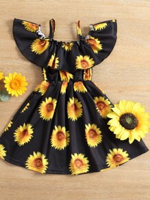 小女童向日葵圖案挖肩荷葉邊洋裝 - 黑色 - 查看 2