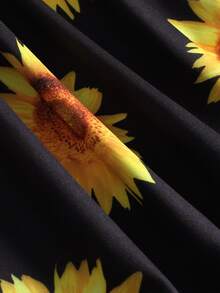 小女童向日葵圖案挖肩荷葉邊洋裝 - 黑色 - 查看 3