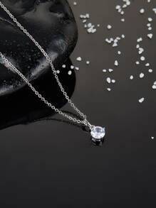 方晶鋯石吊墜項鍊 - 銀色 - 查看 2