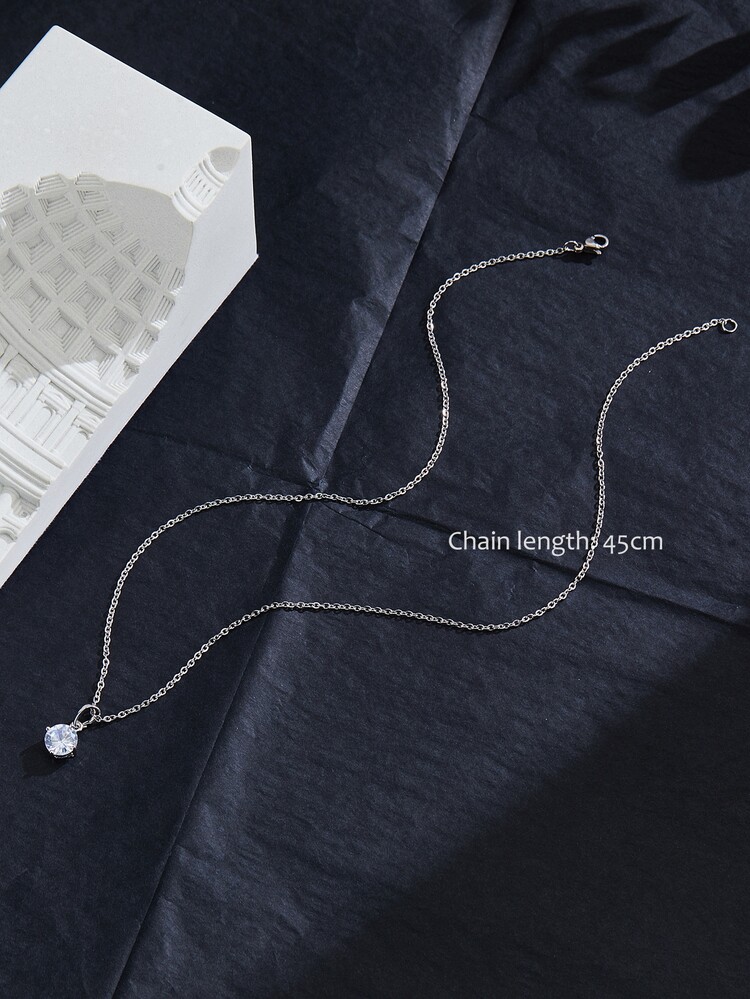 方晶鋯石吊墜項鍊 - 銀色 - 查看 3