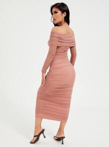 SHEIN SXY 一字肩褶邊網紗連衣裙 - 藕粉色 - 查看 2