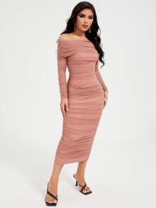 SHEIN SXY 一字肩褶邊網紗連衣裙 - 藕粉色 - 查看 3