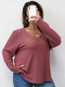 SHEIN LUNE Plus Waffle Knit Curved Hem Tee - Dusty Pink - View 3