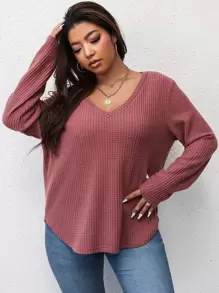 SHEIN LUNE Plus Waffle Knit Curved Hem Tee - Dusty Pink - View 4