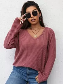 SHEIN LUNE Plus Waffle Knit Curved Hem Tee - Dusty Pink - View 5