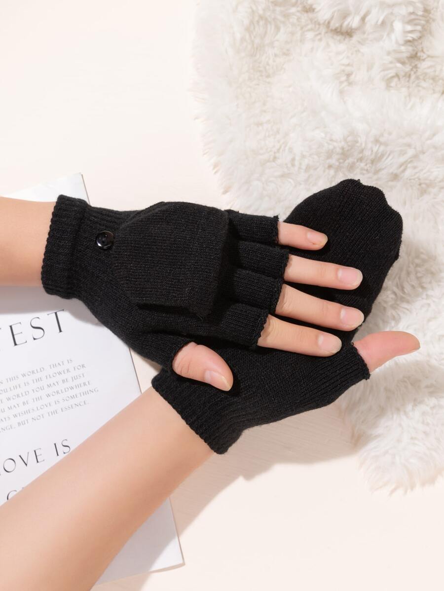 翻蓋設計露指針織手套 - 黑色 - 查看 1