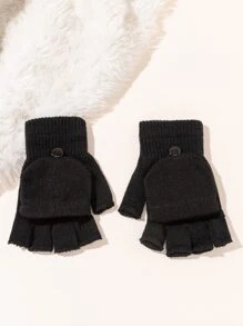翻蓋設計露指針織手套 - 黑色 - 查看 2