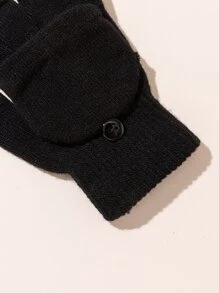 翻蓋設計露指針織手套 - 黑色 - 查看 3