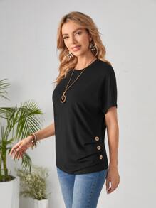 EMERY ROSE Button Side Ruched Solid Tee - Black - View 1