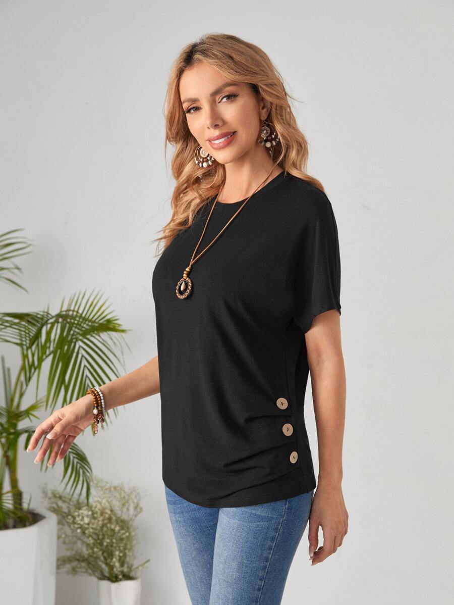 EMERY ROSE Button Side Ruched Solid Tee - Black - View 1