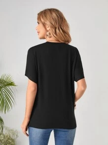 EMERY ROSE Button Side Ruched Solid Tee - Black - View 2