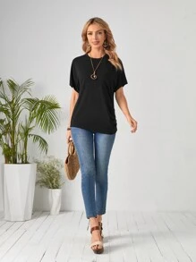 EMERY ROSE Button Side Ruched Solid Tee - Black - View 3