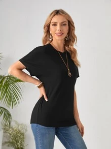 EMERY ROSE Button Side Ruched Solid Tee - Black - View 4