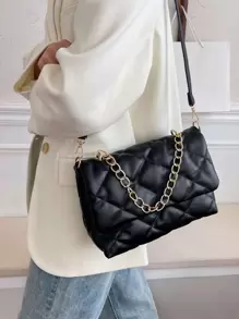 衍縫鏈條裝飾方包 - 黑色 - 查看 1