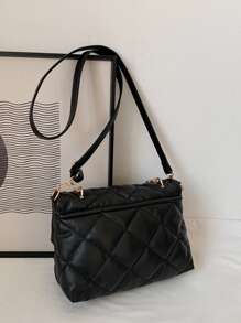 衍縫鏈條裝飾方包 - 黑色 - 查看 2