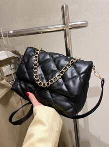 衍縫鏈條裝飾方包 - 黑色 - 查看 3