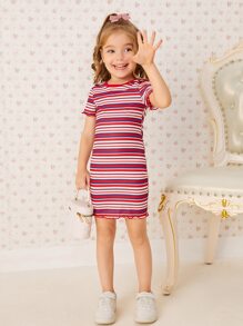 SHEIN Young Girl Toddler Girls Striped Print Lettuce Trim Dress - Multicolor - View 1